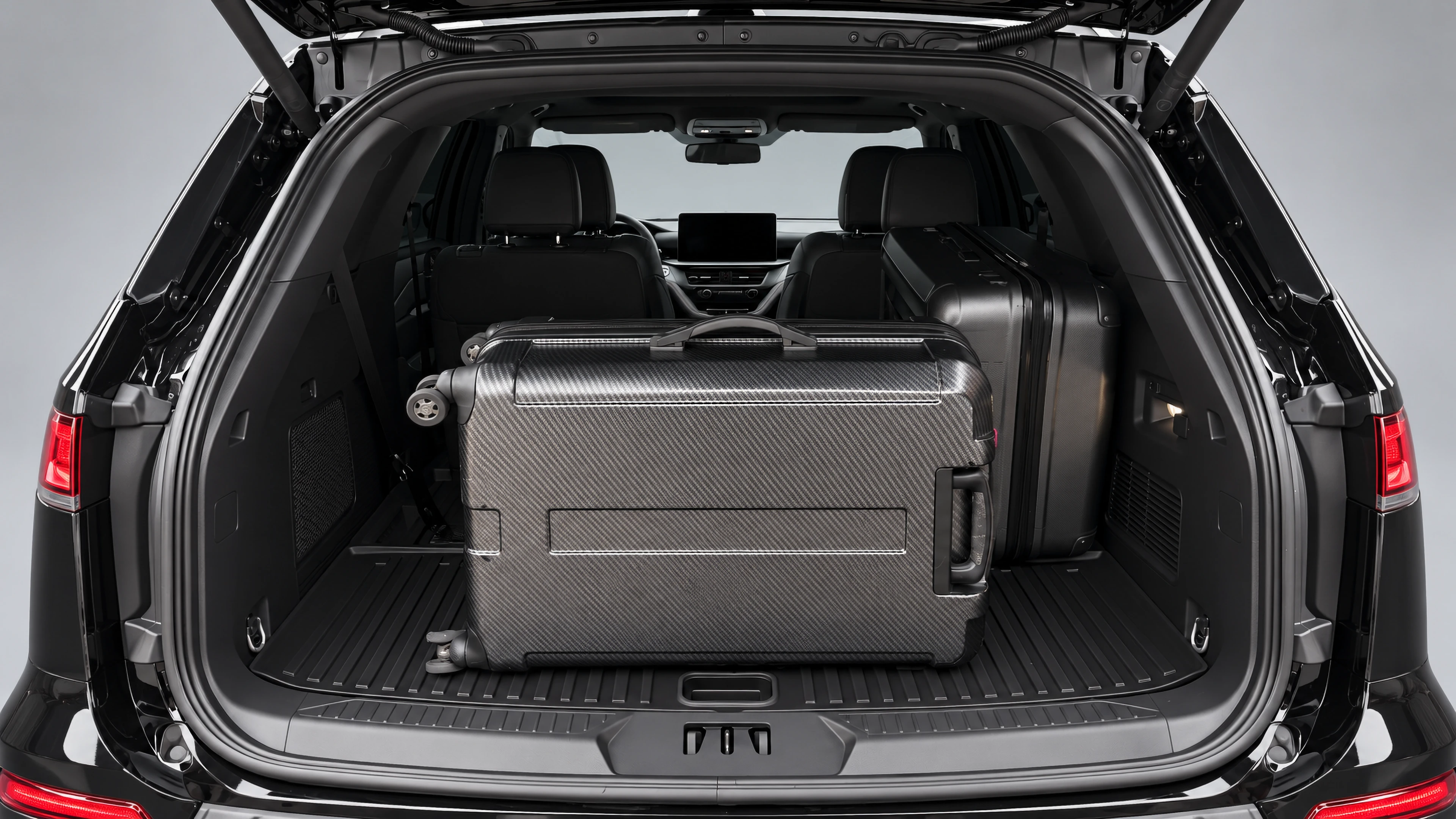 Two suitcases shown with the third row folded. Confirm your bag sizes and seat layout before booking.